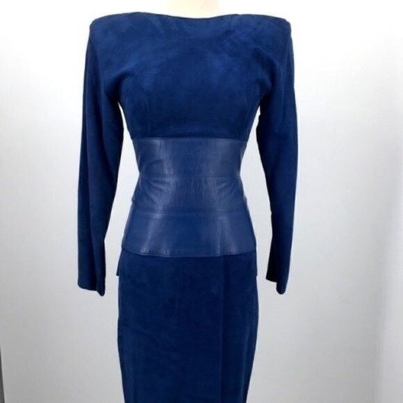 Vintage Vakko blue suede leather dress sz 2 BoxB open back midi long sleeve - Picture 4 of 4